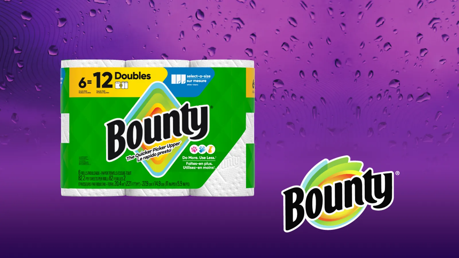 Paquete de 6 rollos dobles de Bounty Select-A-Size junto al logo de Bounty