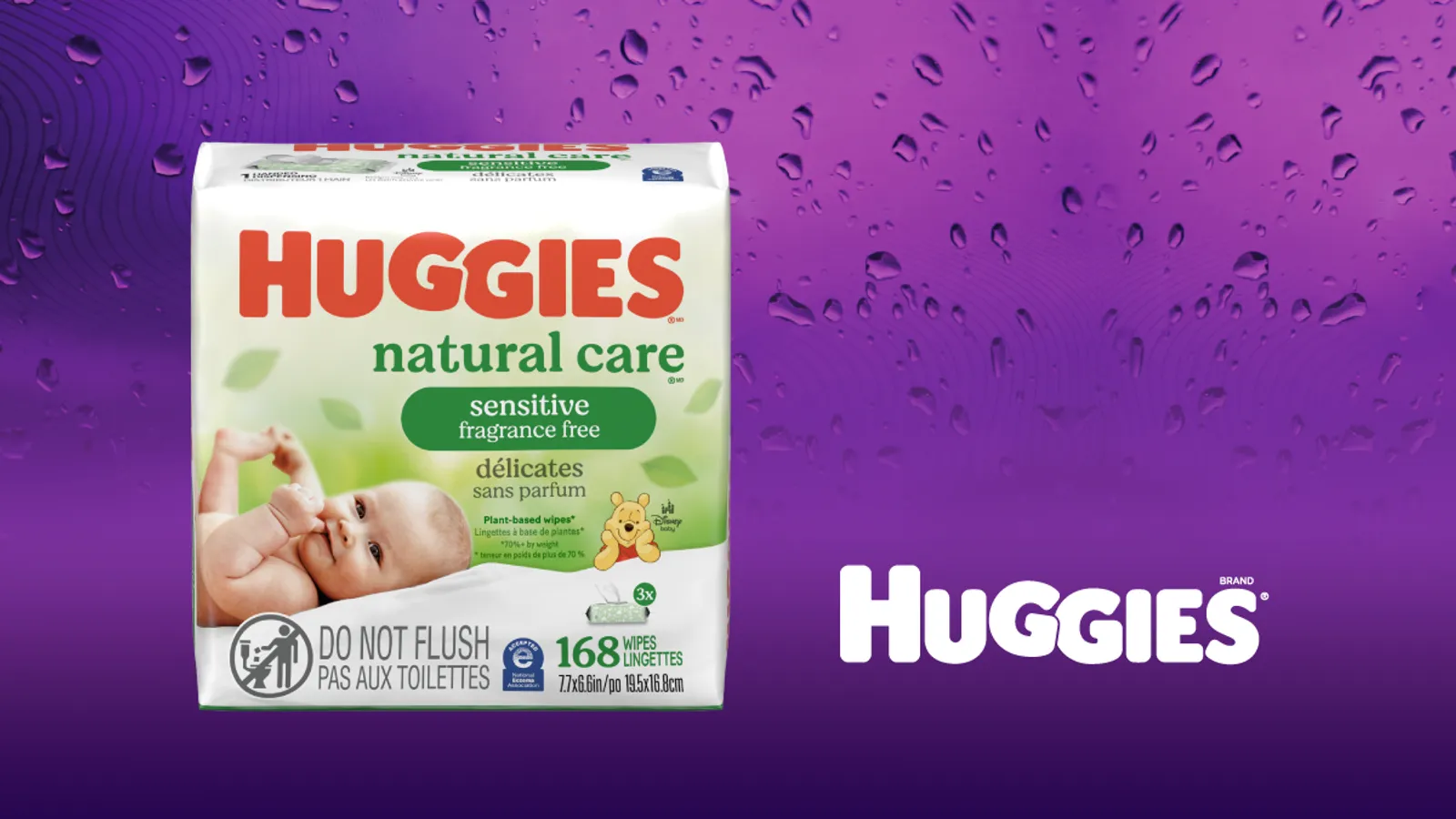 Paquete de toallitas Huggies Natural Care Sensitive junto al logo de Huggies
